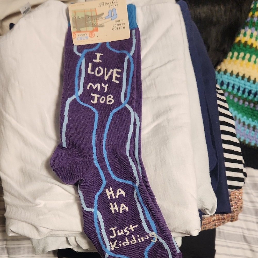 Blue Q Purple and Blue 'I Love My Job' Socks